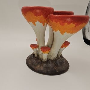 Handcrafted Ceramic Mushroom Sculpture - Orange & Red Accent Matt Finish Vintage